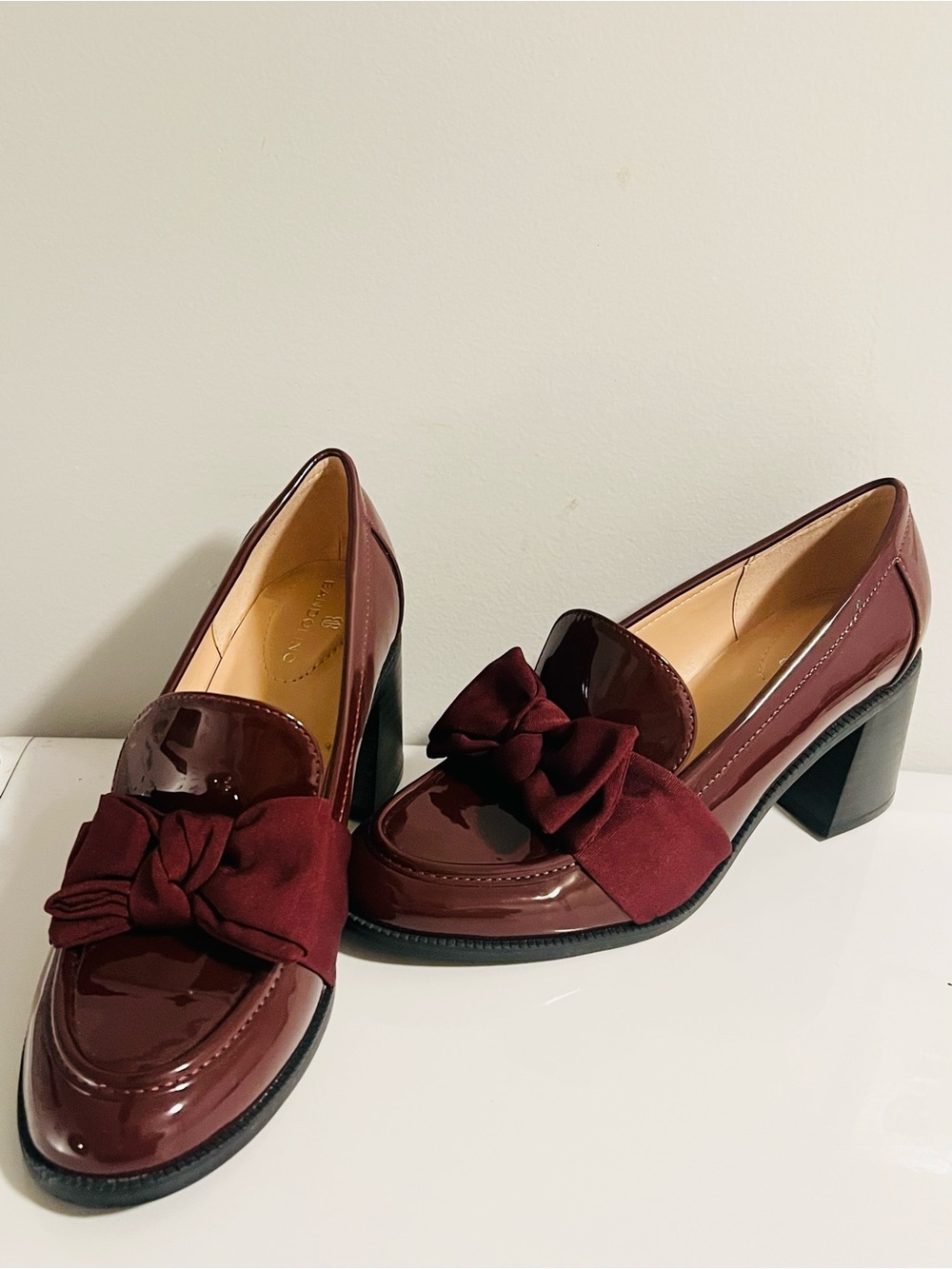 Bandolino Patent Burgundy Bow Block Heel Loafers